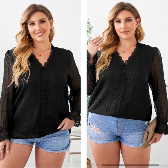 Black Plus Size Swiss Dot Lace Trim Long Sleeve Puff Sleeve Blouse - Picture 3 of 3